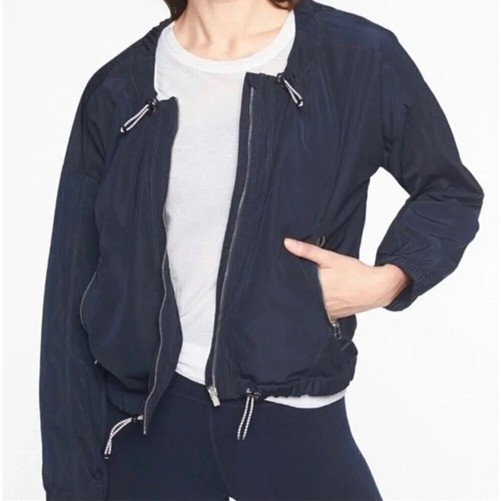 Athleta Chill Bomber Jacket Full Zipper Windbreaker Cinch Waist Blue Size Large